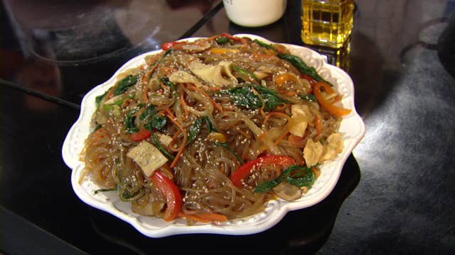 Korean glass noodle stir fry recipe from 'Two Plaid Aprons'