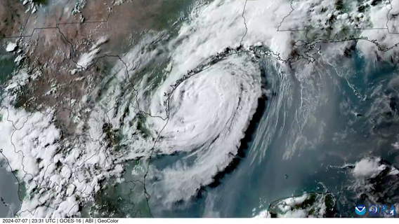 Hurricane Beryl's landfall from satellite
