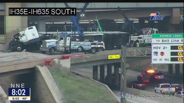 Overturned semi-truck causes major traffic delays on LBJ ramp to I-35E