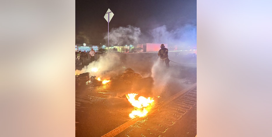Multiple motorcycles crash, catch fire on I-35W in Fort Worth