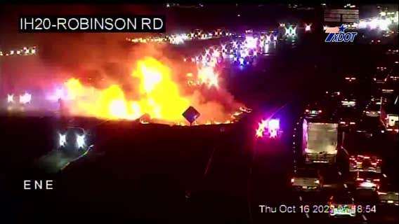 18-wheeler fire with 20ft flames closed I-20 in Grand Prairie Thursday morning