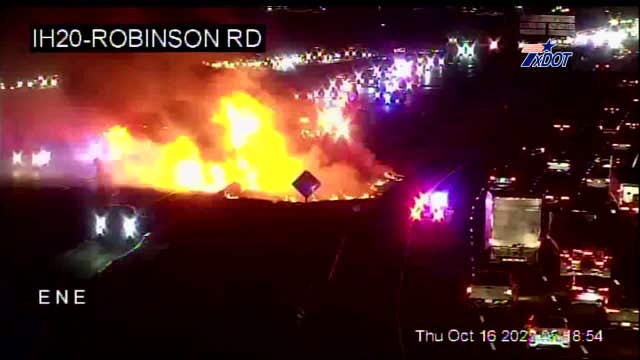 18-wheeler fire with 20ft flames closed I-20 in Grand Prairie Thursday morning
