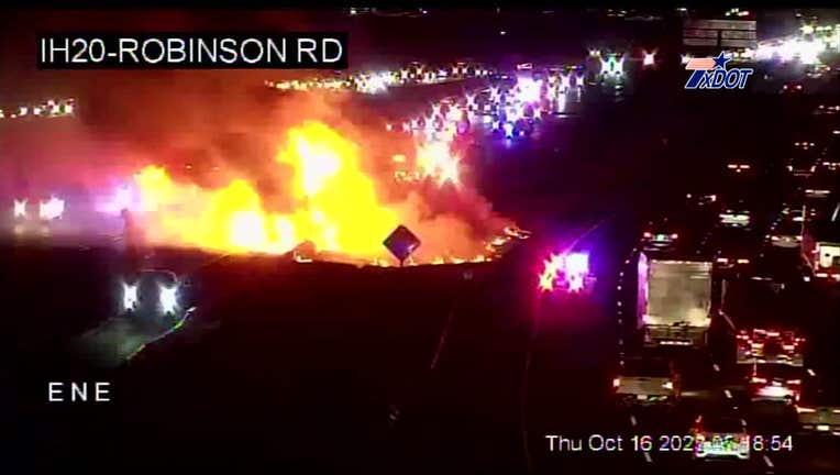 18-wheeler fire with 20ft flames closed I-20 in Grand Prairie