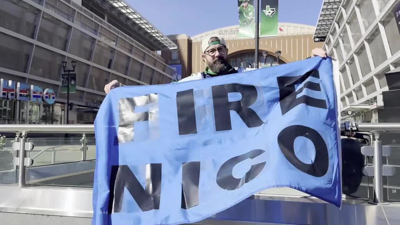 Dallas Mavericks fans outside AAC celebrate firing of GM Nico Harrison