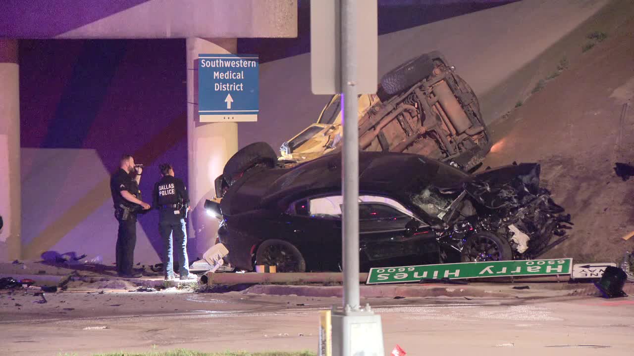 Three hospitalized, one critical, after high-speed crash pins occupants under Dallas bridge