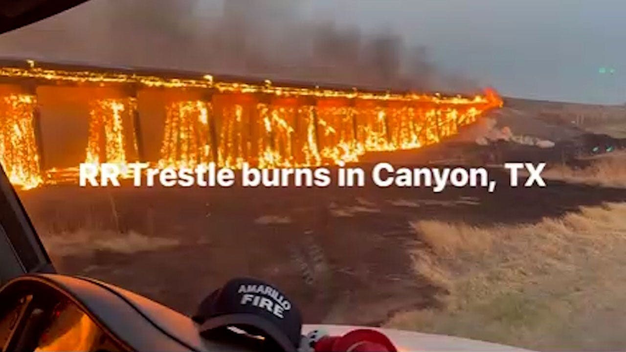 WATCH: Train trestle burns as wildfires rage in Texas Panhandle