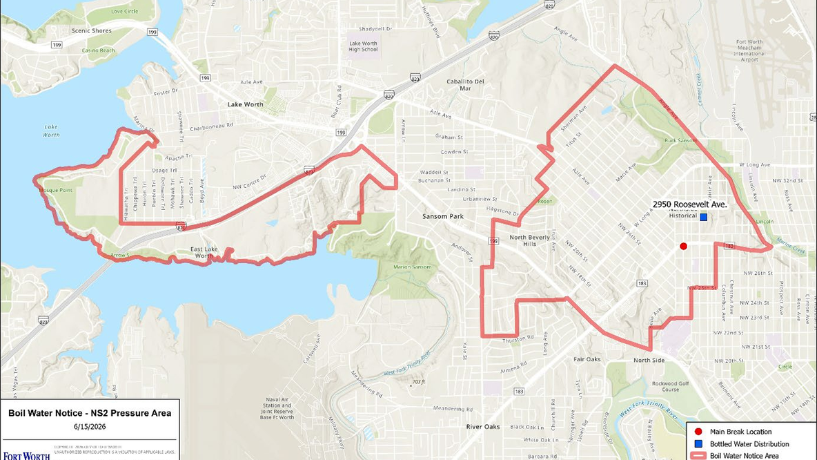 Water main rupture forces Fort Worth to issue boil water advisory and open bottled water distribution site