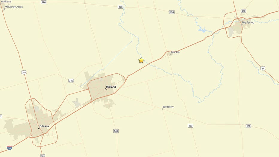 The star on this map indicates the epicenter of an earthquake near Midland, Texas, on June 23, 2026.