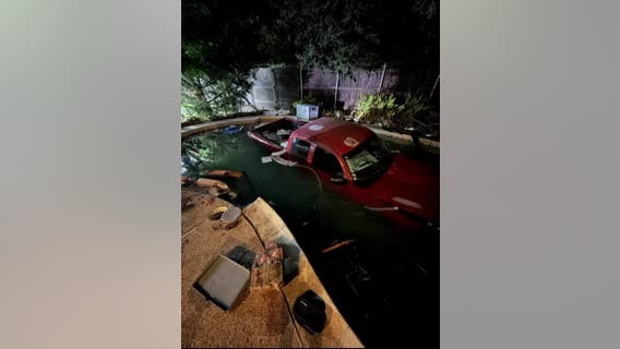 Pickup truck crashes into pool at home in The Colony; driver flees