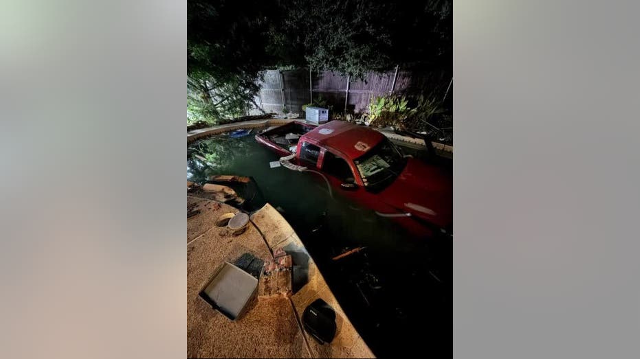 Pickup truck crashes into pool at home in The Colony; driver flees