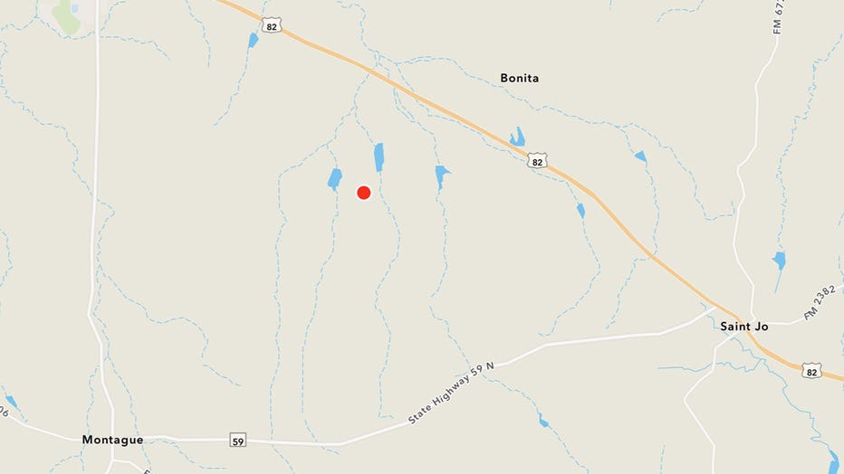 The red dot on this map indicates the location of a wildfire in Montague County, Texas, on Aug. 21, 2026.