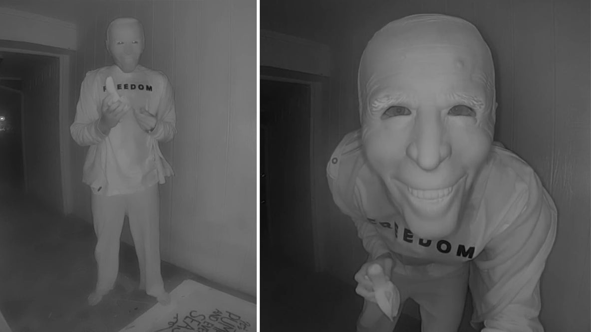 Unknown individual eats banana through Joe Biden mask in Watauga doorbell camera video