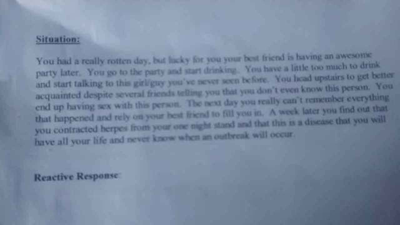 8th grade assignment asks about herpes, one night stand