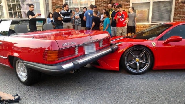 OUCH! Classic Mercedes drives onto Ferrari