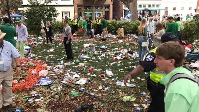 Outrage sparked after photos show Savannah square trashed from St. Patrick's Day celebration