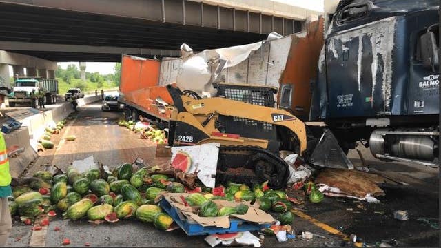 WATERMELON MASSACRE: Semi hauling watermelons overturns at I-485/I-77 interchange in north Charlotte