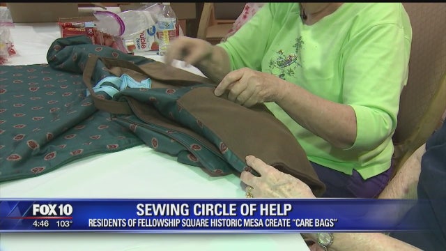 Group of senior women sew bags for the homeless