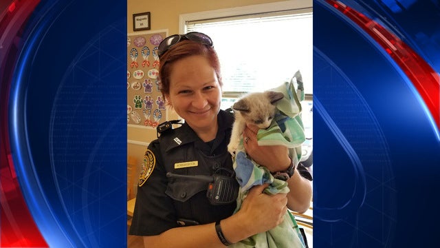 Police officer helps family who broke down pick up kitten from vet