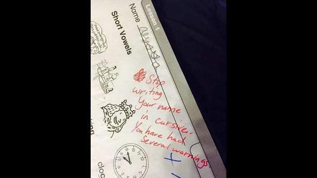 Teacher tells student "stop writing in cursive!"