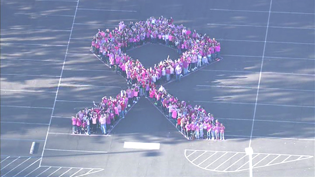 Gwynedd-Mercy Elementary School students form living breast cancer ribbon for sick teacher
