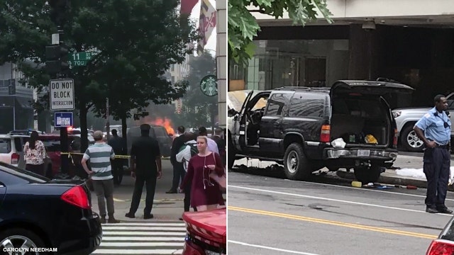 Cop leaves DC movie set to chase stolen SUV suspect, stolen SUV catches fire after crash