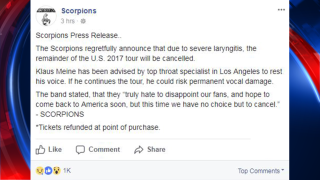 Scorpions' U.S. tour cancelled, due to laryngitis diagnosis