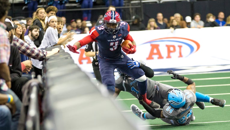 WASHINGTON, DC - APRIL 22: Philadelphia Soul wide receiver Ryan McDaniel (19) pushes Washington Valor wide receiver Julius Gregory (3) into the boards during an Arena Football League game between the Washington Valor and the Philadelphia Soul on April 22, 2017, at the Verizon Center, in Washington DC. Philadelphia Soul defeated the Washington Valor 49-31.
(Photo by Tony Quinn/Icon Sportswire via Getty Images)