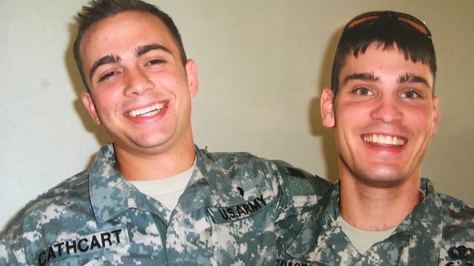 Garrett Cathcart and his best friend David Fraser pose for a photo before their deployment to Iraq.
