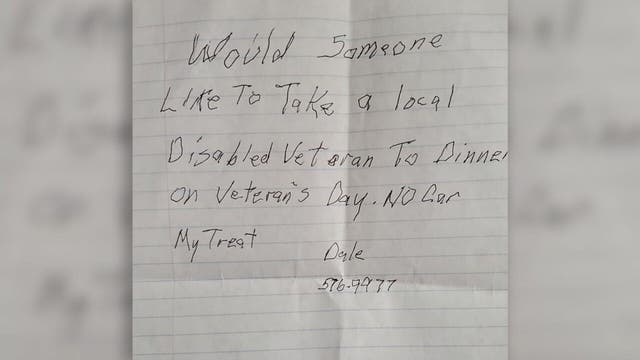 Veteran's handwritten note requesting company for Veterans Day dinner goes viral