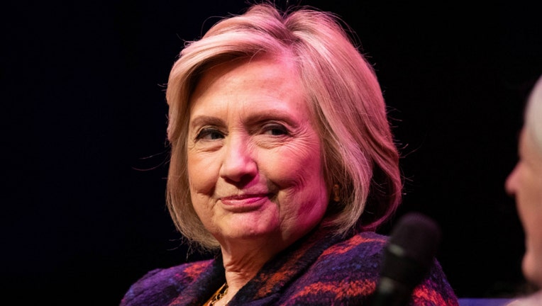 Hillary Clinton (left) talking to Mary Beard at the Southbank Centre in London at the launch of Gutsy Women: Favourite Stories of Courage and Resilience a book by Chelsea Clinton and Hillary Clinton about women who have inspired them. PA Photo. Picture date: Sunday November 10, 2019. Photo credit should read: Aaron Chown/PA Wire (Photo by Aaron Chown/PA Images via Getty Images)