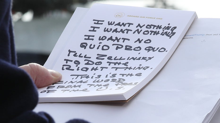 Large, handwritten talking points are shown in black marker on a notepad President Donald Trump used when he addressed the press in front of the White House on Nov. 20, 2019. (Photo by Mark Wilson/Getty Images)