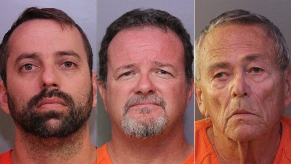 Mugshots for Brett Kinney, 40, Donald Durr Jr., 52, and William Hage, 76. (Polk County Sheriff's Office )