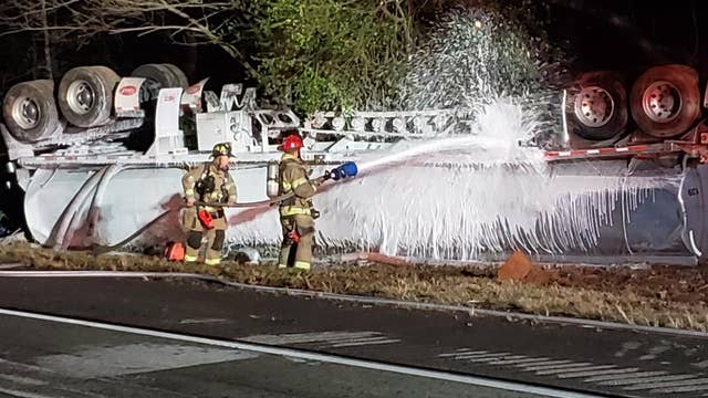 Overturned tanker causes headache along busy stretch of I-985