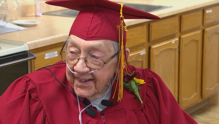 Clifford Hanson wasn't able to go to high school due to obligations on his family farm in the 1930s. Monday, at age 91, he received his diploma.