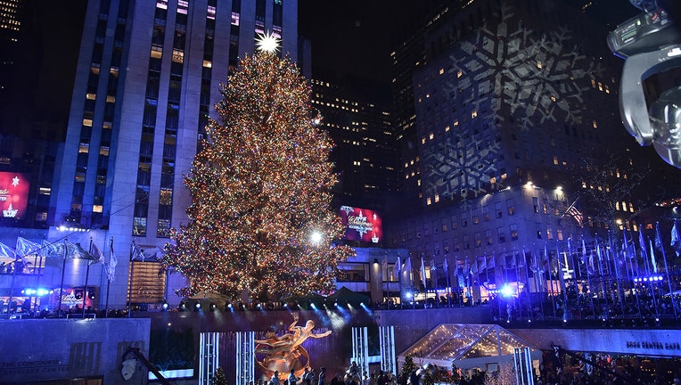 NEW YORK, NEW YORK - DECEMBER 04: A view of the Rockefeller Center Christmas Tree, with Swarovski Star atop, during the 87th Annual Rockefeller Center Christmas Tree Lighting Ceremony at Rockefeller Center on December 04, 2019 in New York City. (Photo by Steven Ferdman/Getty Images)
