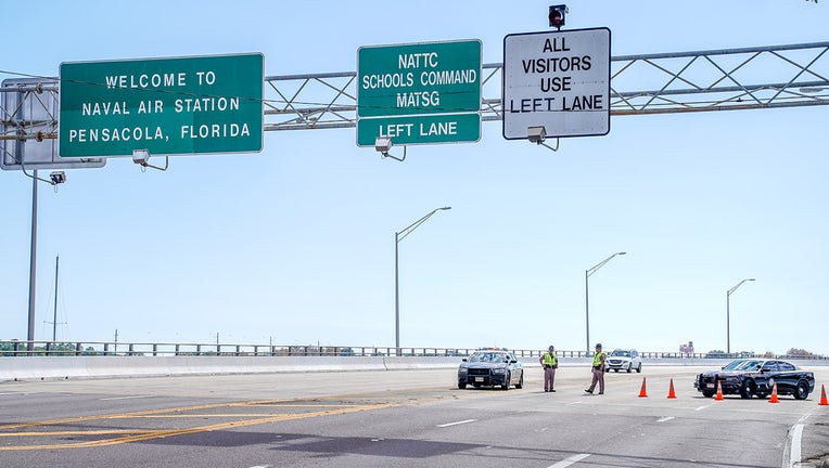 Florida State Troopers block traffic over the Bayou Grande Bridge leading to the Pensacola Naval Air Station following a shooting on December 06, 2019 in Pensacola, Florida. (Photo by Josh Brasted/Getty Images)
