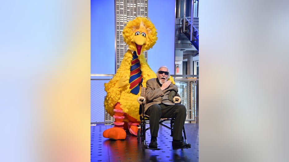 NEW YORK, NEW YORK - NOVEMBER 08: Sesame Street's Big Bird And Puppeteer Caroll Spinney Light The Empire State Building at The Empire State Building on November 08, 2019 in New York City. (Photo by Theo Wargo/Getty Images)