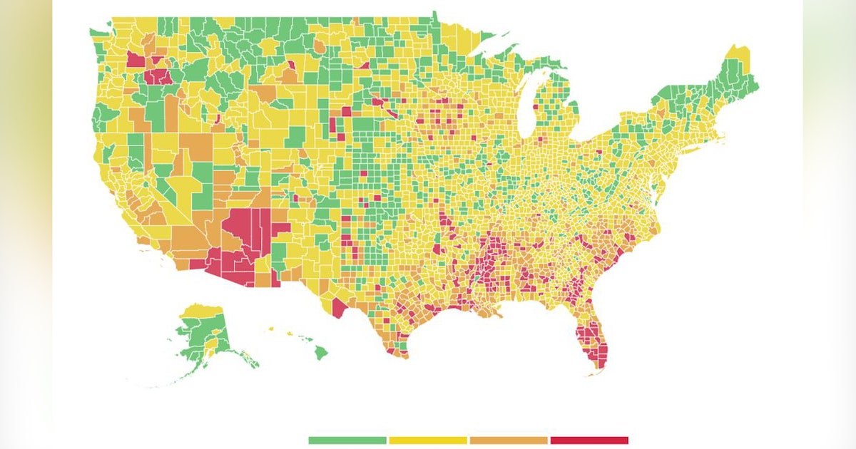 Color-coded interactive map illustrates COVID-19 risk level by county