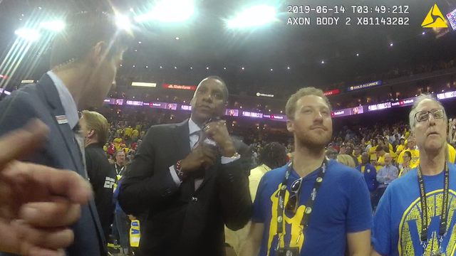 Extended video: Deputy is polite to fans before shoving Toronto Raptors president twice in chest