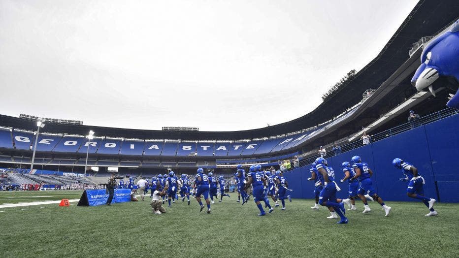 ATLANTA, GA - SEPTEMBER 19: Georgia State players run out onto the field during the game between the Louisiana-Lafayette Ragin Cajuns and the Georgia State Panthers on September 19, 2020, at Center Parc Credit Union Stadium in Atlanta, GA. (Photo by Austin McAfee/Icon Sportswire via Getty Images)