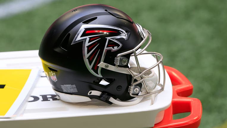 ATLANTA, GA - NOVEMBER 06: An Atlanta Falcons helmet before the Sunday  afternoon NFL game between the Atlanta Falcons and the Los Angeles Chargers  on November 6, 2022 at Mercedes-Benz Stadium in