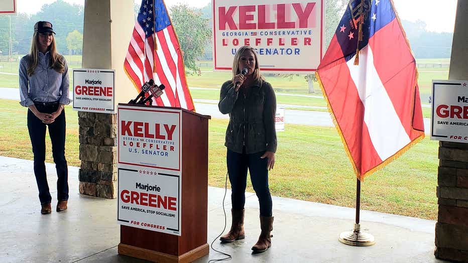 U.S. House candidate for Georgia Marjorie Taylor Greene (right) and U.S. Sen. Kelly Loeffler (left) at a joint campaign event in Dallas, GA.