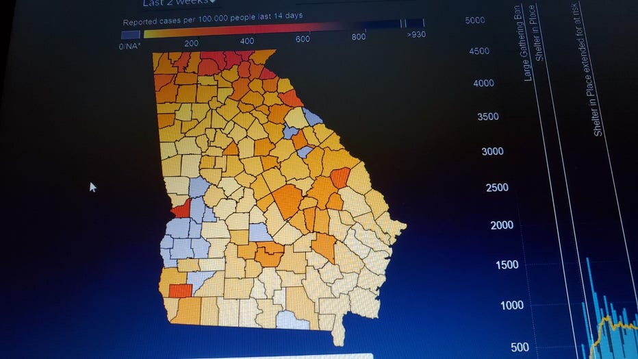 Map shows Georgia's 159 counties, showing darker colors for more intense coronavirus activity