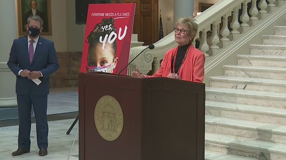 Georgia Department of Public Health commissioner Dr. Kathleen Toomey and Gov. Brian Kemp hold a news conference October 7, 2020 at the State Capitol.