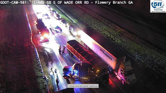 Diesel fuel spill blocks I-985 southbound lanes in Hall County
