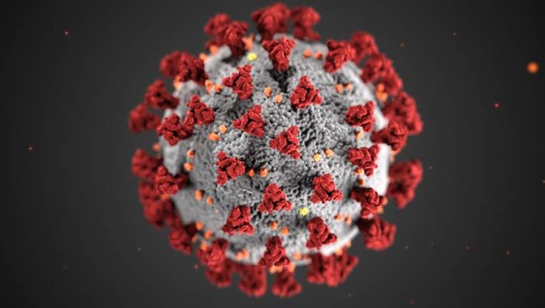 Computer image of the novel coronavirus shows round ball covered in red spikes.