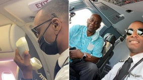 Pilot tearfully announces 'VIP' passenger onboard is his father, on his first flight with him at the controls