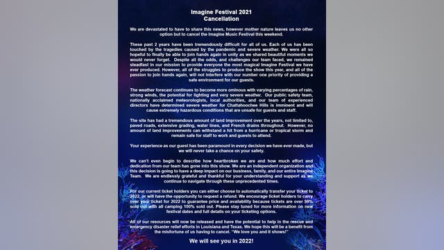 Imagine Music Festival 2021: Organizers cancel event citing severe weather concerns
