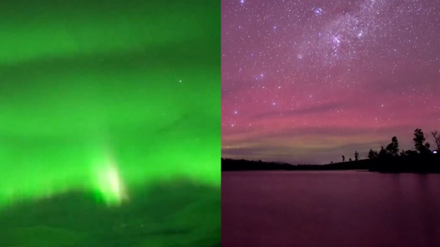 Pink and green: Auroras light up night sky in Tasmania, Alaska