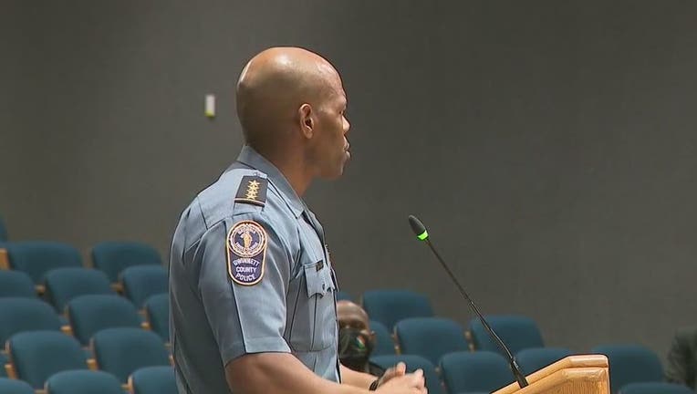 Gwinnett County Police Chief James McClure addresses the first Gwinnett County Citizens Advisory Board meeting on Sept. 21, 2021.